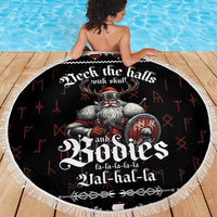 Round black beach blanket with white fringe, Viking skull warrior with shield print