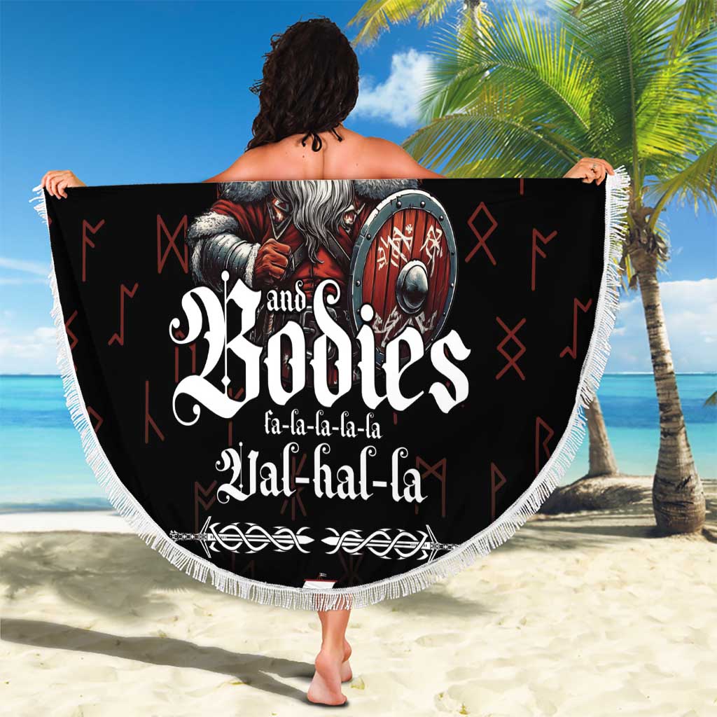 Round black beach blanket with white fringe, Viking skull shield design with runes