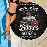 Round black beach blanket with white fringe, Viking skull warrior and runic pattern