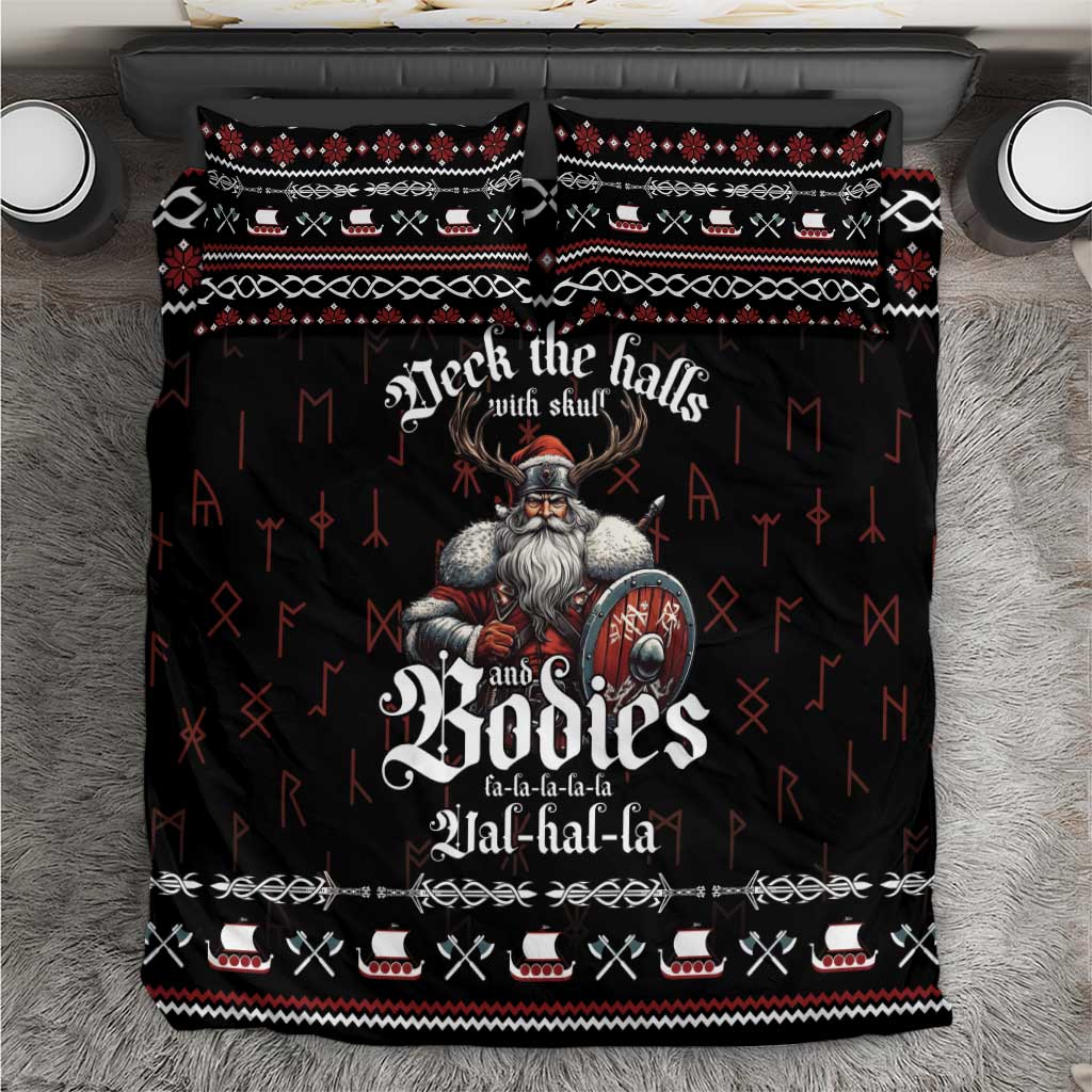 Black Viking holiday bedding set with red and white patterned trim and shielded hero graphic