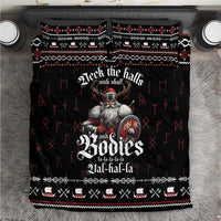 Black Viking holiday bedding set with red and white patterned trim and shielded hero graphic