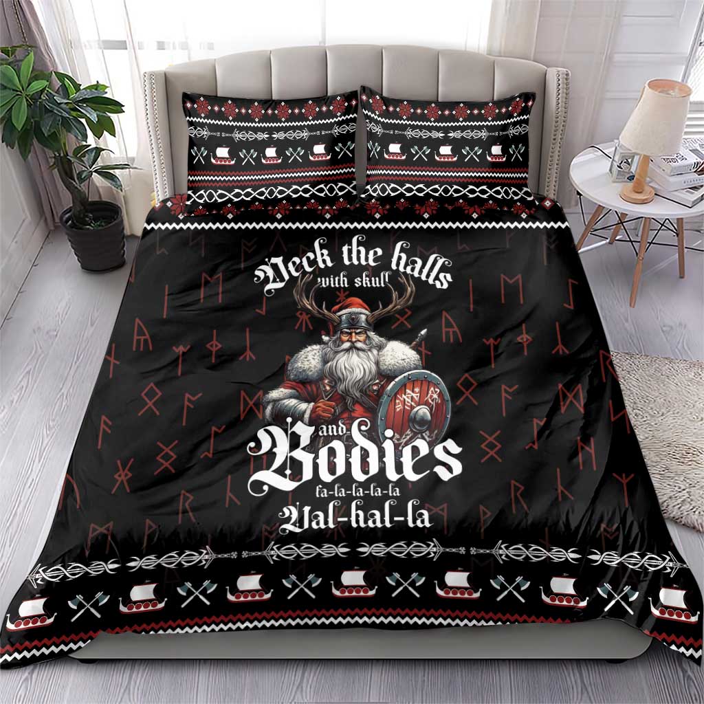 Black bedding set with Viking hero figure, red and white fair-isle border, two pillow covers