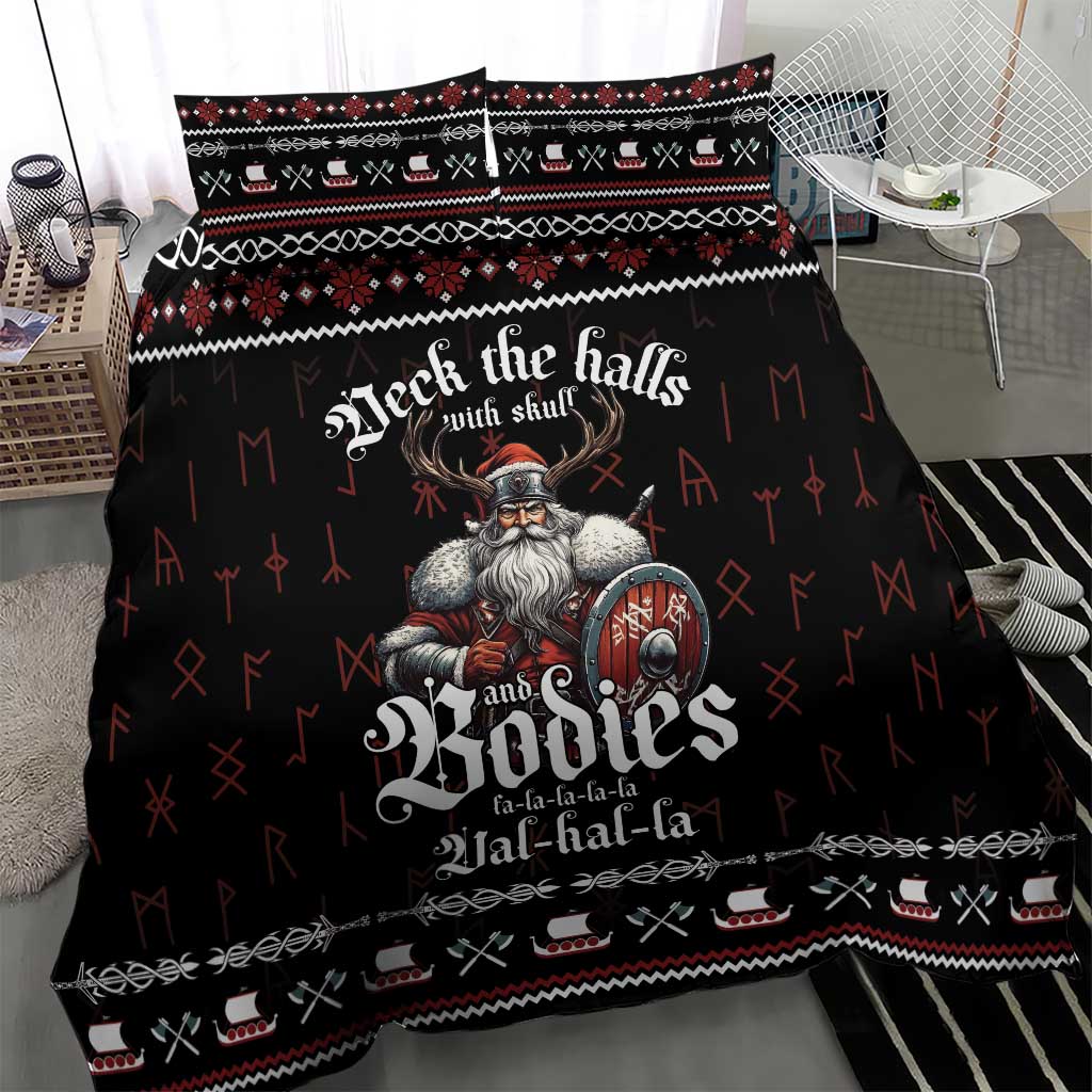 Black duvet cover bedding set with Viking warrior hero, red symbols, and festive border