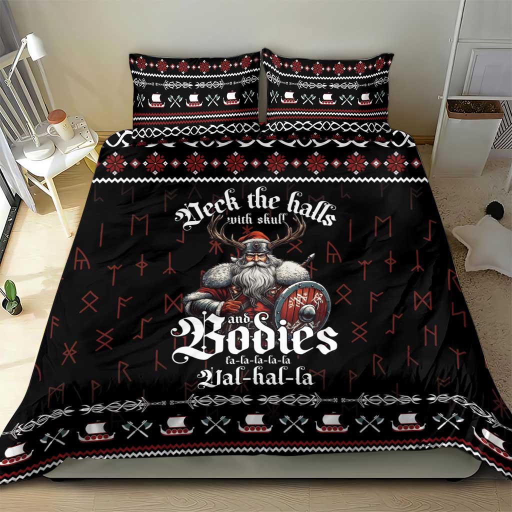 Black bedding set with Viking warrior graphic, red accents, and patterned pillow shams