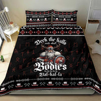 Black bedding set with Viking warrior graphic, red accents, and patterned pillow shams