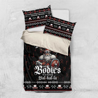 Black bedding set with Viking hero graphic, red and white holiday trim, includes pillow shams