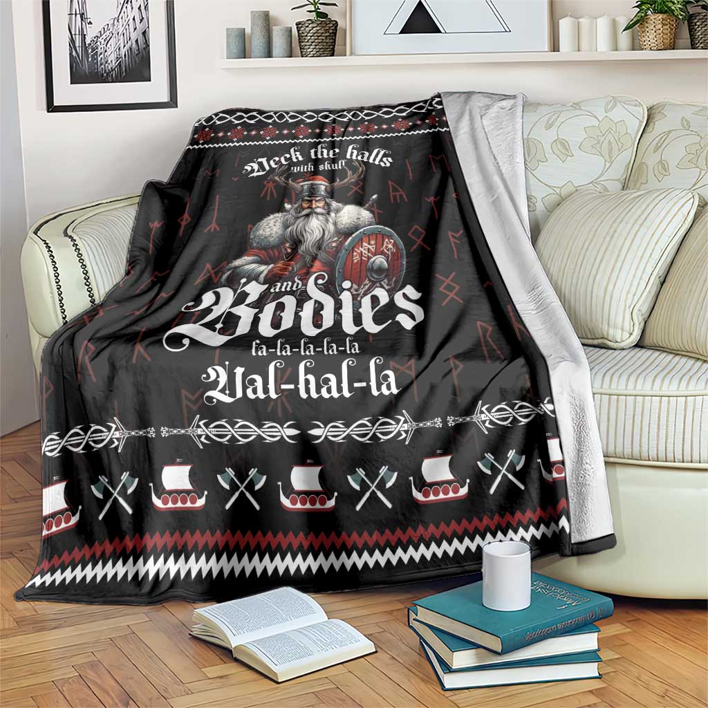 Black Christmas throw blanket with Viking skulls, red/white trim and patterned border