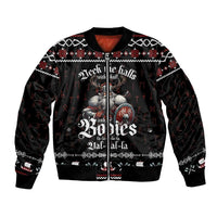 Black unisex bomber jacket with Viking holiday graphic, front zipper and ribbed cuffs