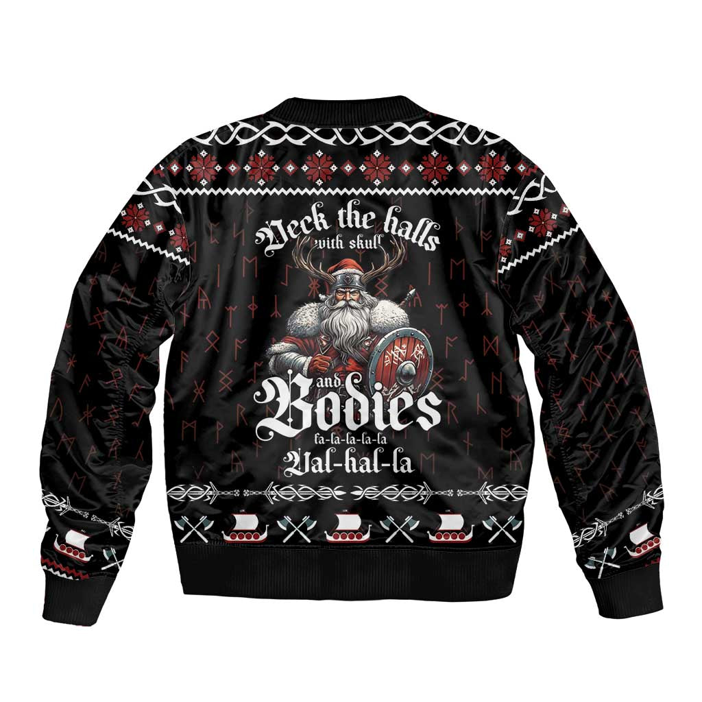 Black unisex bomber jacket with Viking holiday graphic on back, ribbed collar and hem