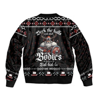 Black unisex bomber jacket with Viking holiday graphic on back, ribbed collar and hem