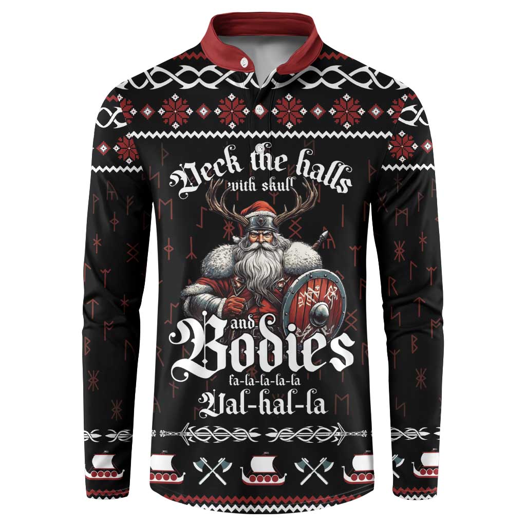 Black long-sleeve button sweatshirt with red collar and skull holiday graphic