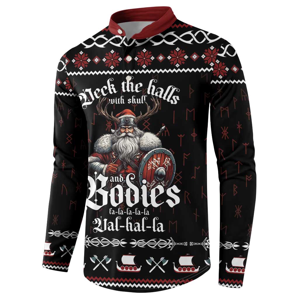 Black long-sleeve button sweatshirt with red collar and front skull holiday print