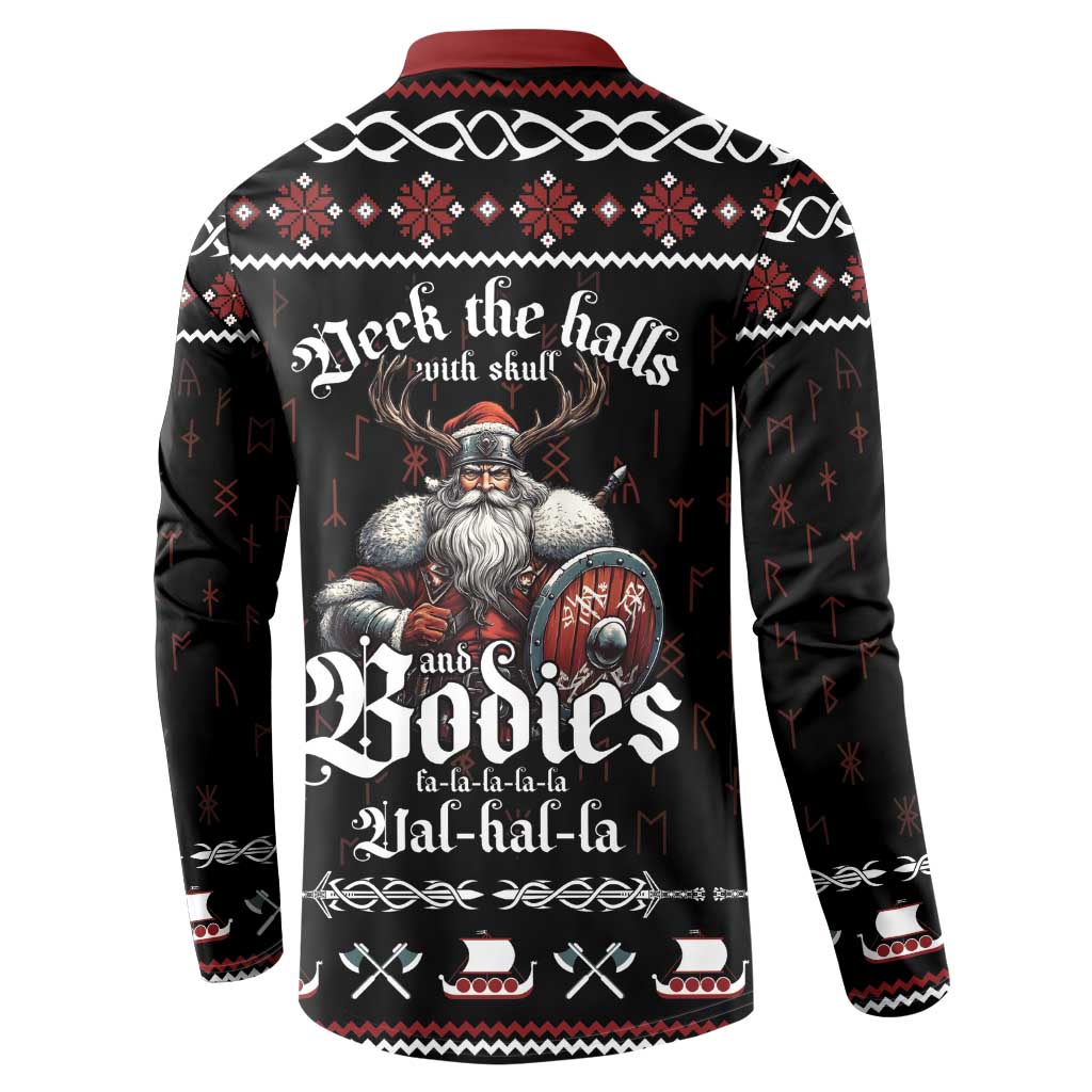 Black long-sleeve button sweatshirt with red yoke and rear skull holiday graphic