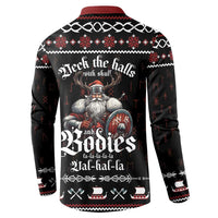 Black long-sleeve button sweatshirt with red yoke and rear skull holiday graphic