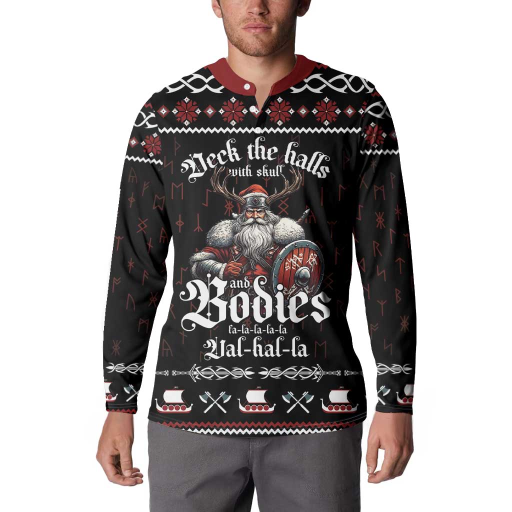Black long-sleeve button sweatshirt with red collar and large skull holiday print