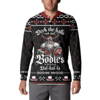 Black long-sleeve button sweatshirt with red collar and large skull holiday print