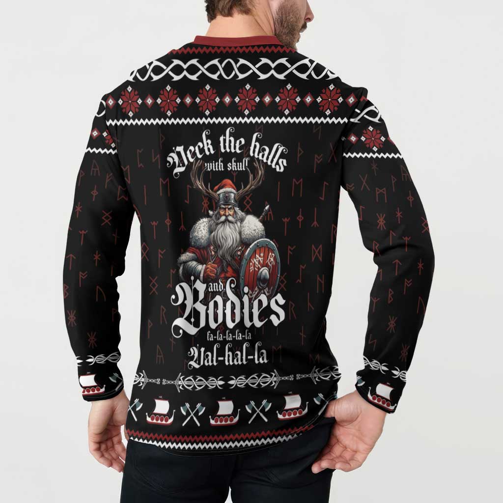 Black long-sleeve button sweatshirt with red collar and back skull holiday print