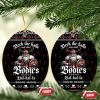 Black oval ceramic Christmas ornaments with Viking warrior design, front and back