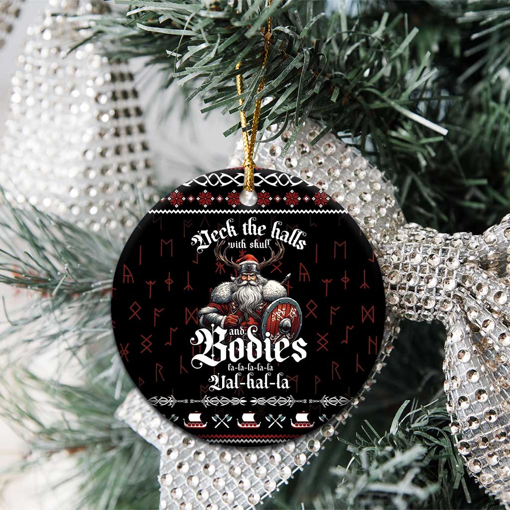Black round ceramic Christmas ornament hanging on tree with Viking warrior and “Jal-hal-la”
