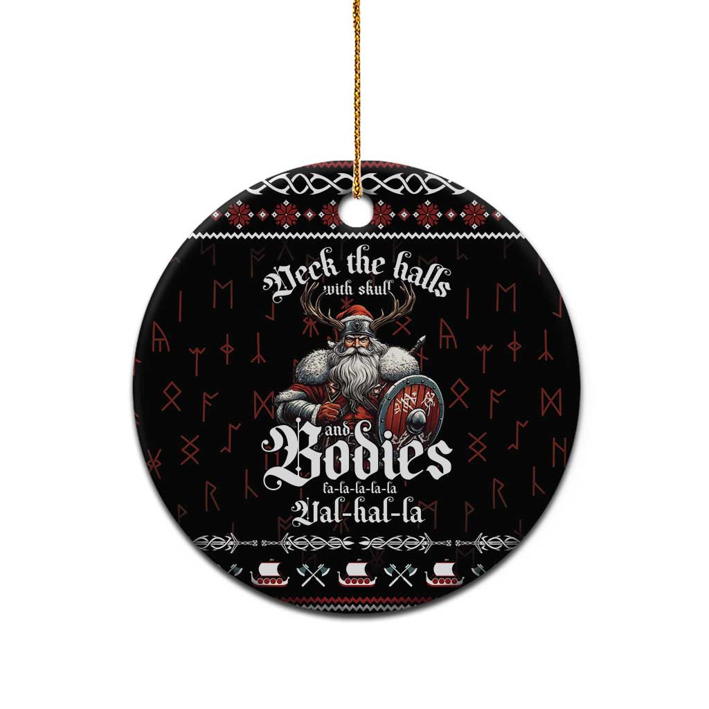 Black round ceramic ornament with Viking warrior, skull pattern, and festive lettering