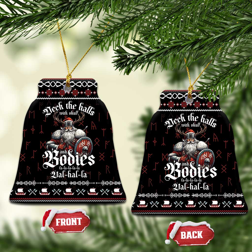 Black ceramic ornament set with Viking warrior design, hanging from gold cords