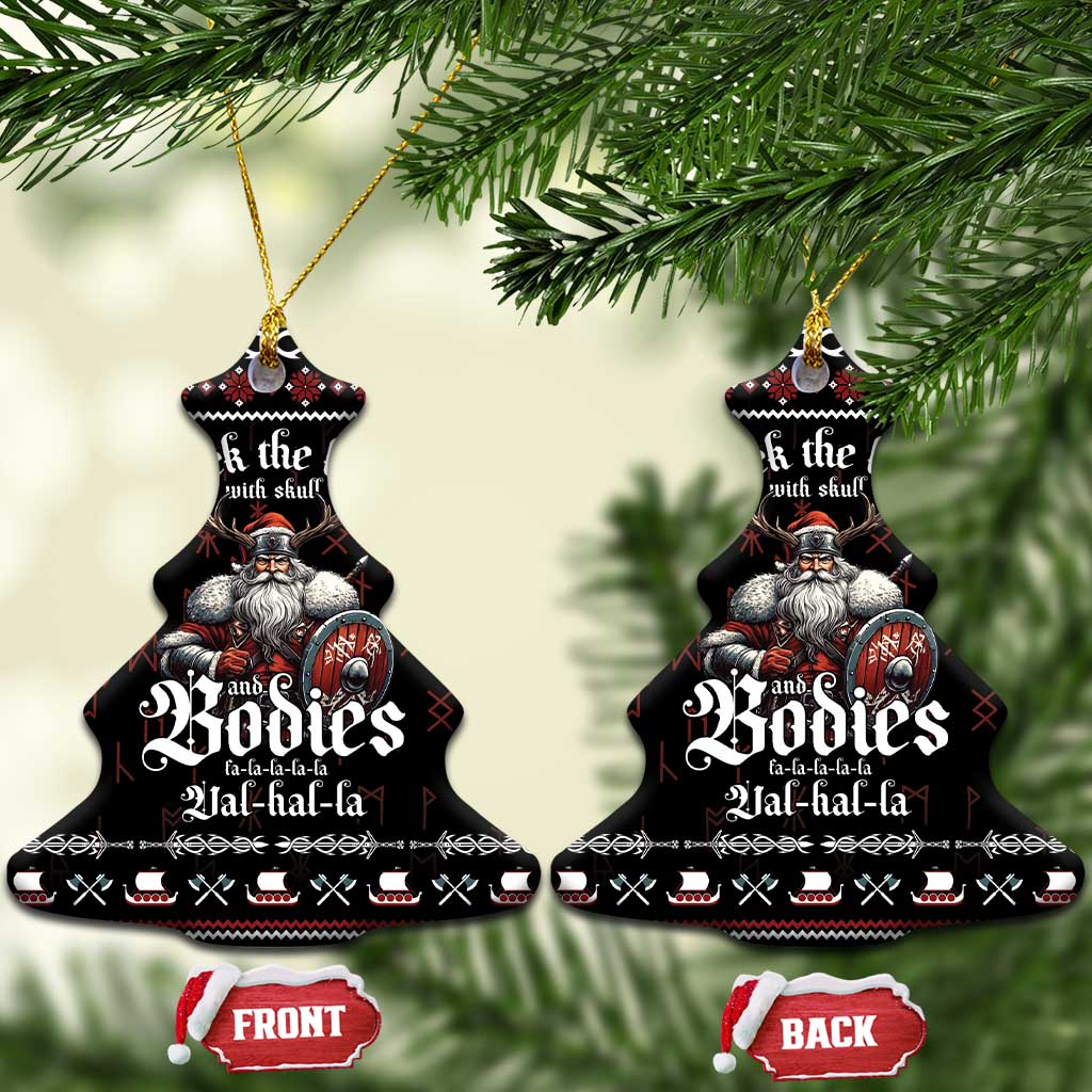 Black bell-shaped ceramic Christmas ornament with Viking warrior graphic and text