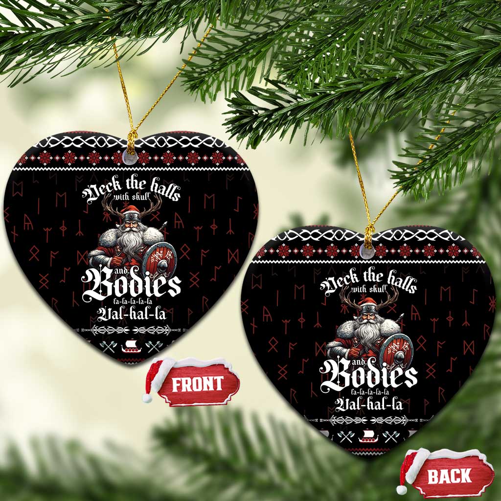 Black heart-shaped ceramic Christmas ornament with Viking warrior, skull accents, and text