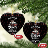 Black heart-shaped ceramic Christmas ornament with Viking warrior, skull accents, and text