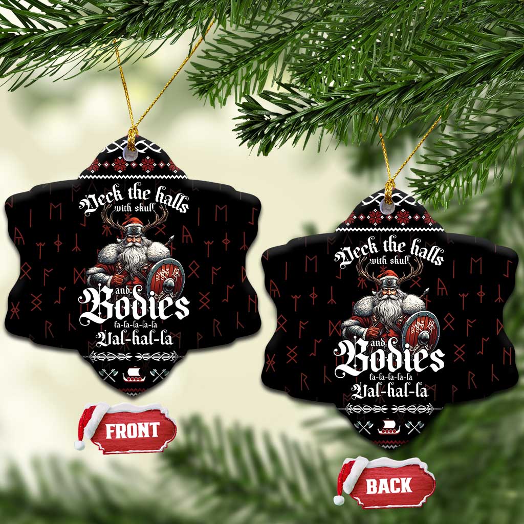 Black heart-shaped ceramic ornament with Viking warrior graphic, shown front and back