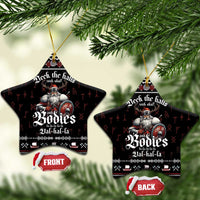 Black star-shaped ceramic Christmas ornament with Viking warrior and “Jal-hal-la”