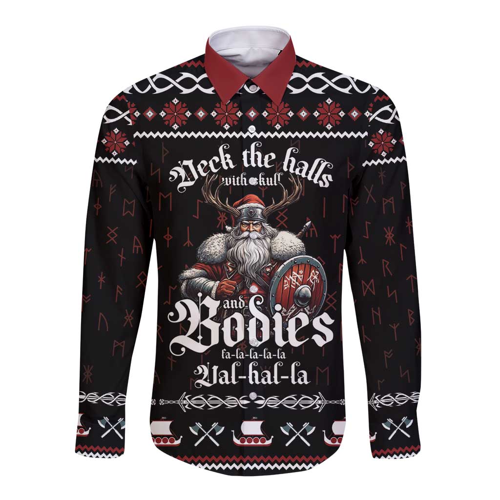 Black long-sleeve button shirt with red collar and Viking holiday graphic on front