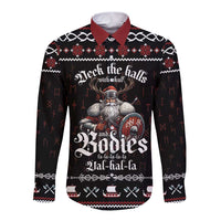 Black long-sleeve button shirt with red collar and Viking holiday graphic on front