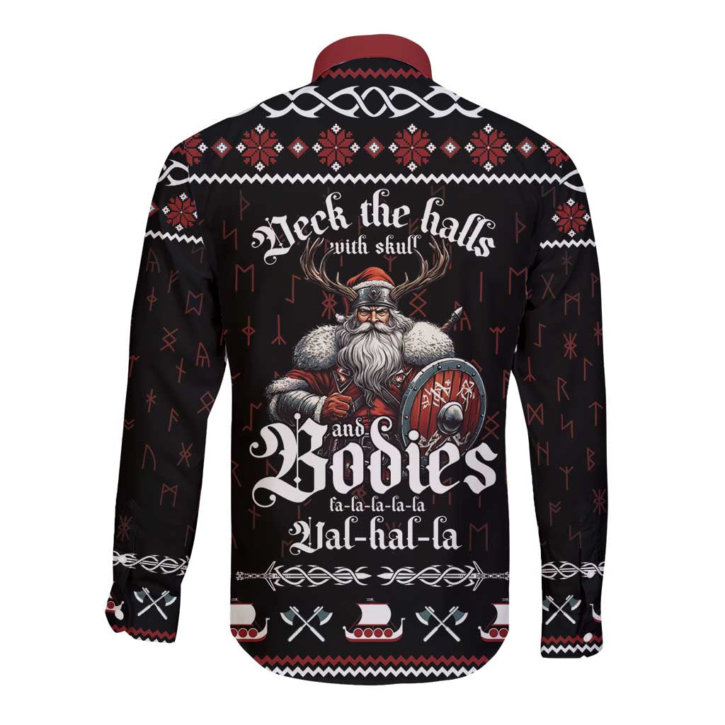 Black long-sleeve button shirt with red collar and Viking holiday graphic on back