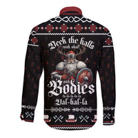 Black long-sleeve button shirt with red collar and Viking holiday graphic on back