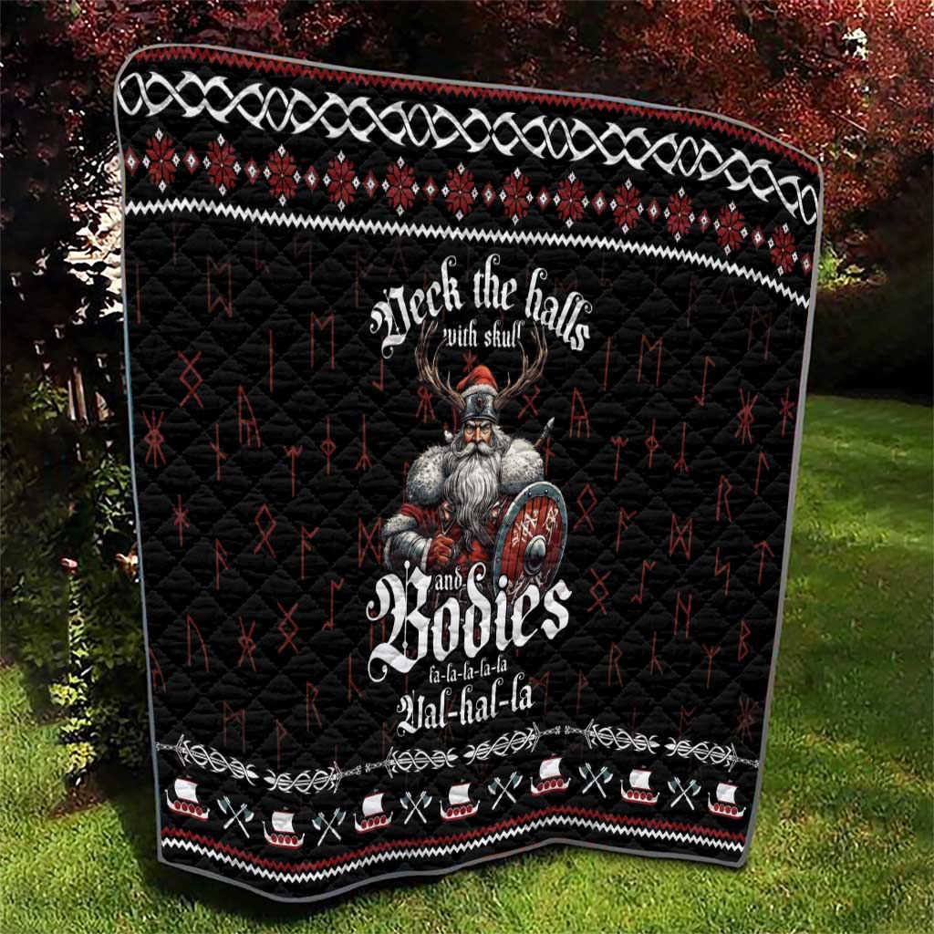 Black throw quilt featuring a gray Viking warrior, “Jal-hai-la” style text, red pattern.