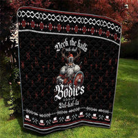 Black throw quilt featuring a gray Viking warrior, “Jal-hai-la” style text, red pattern.