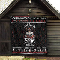 Black Viking Christmas quilt hanging outdoors, featuring gray warrior artwork and red accents.