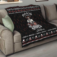 Black sofa throw quilt with Viking warrior design, white ornamental border, red patterned marks.
