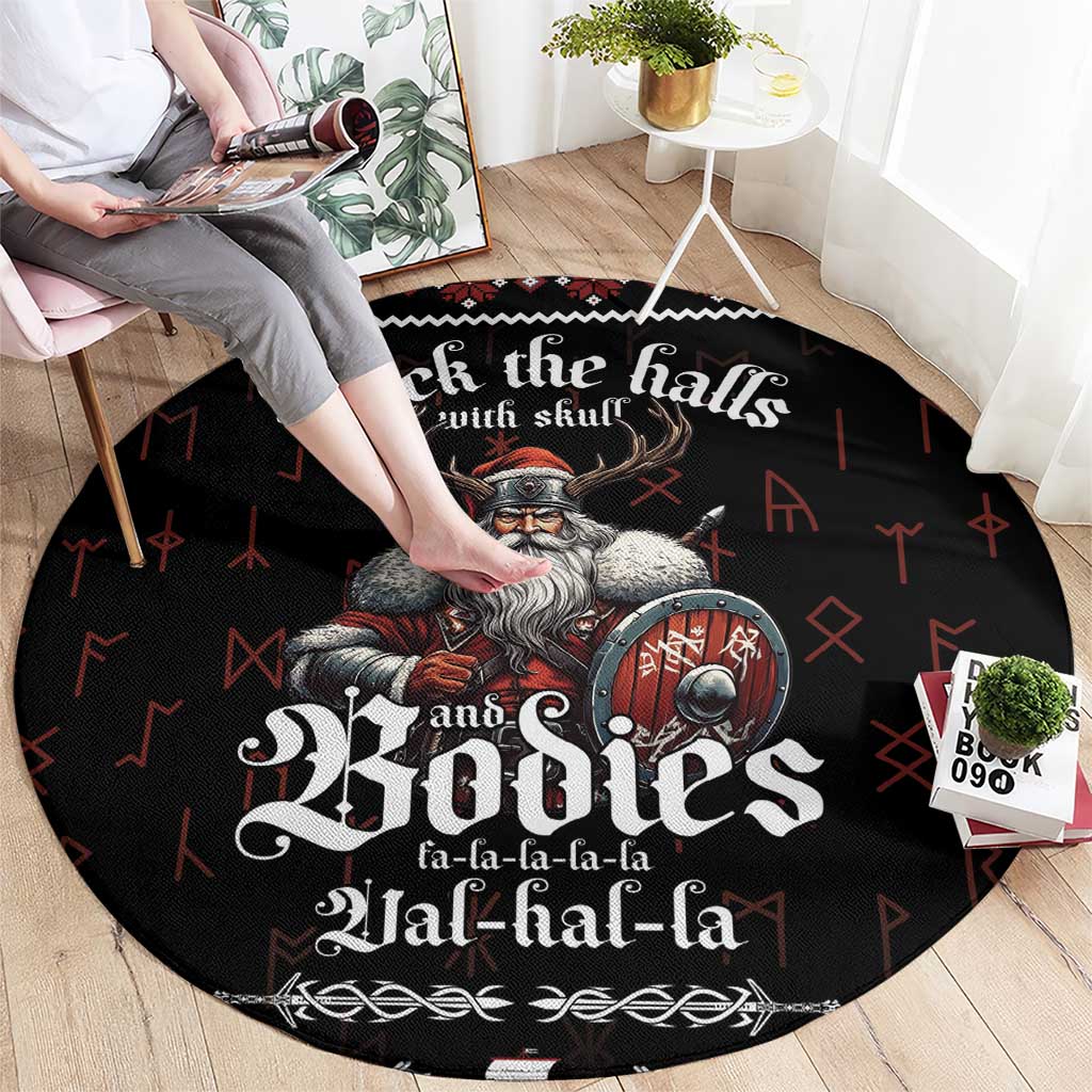 Black round Viking Christmas rug with Odin and shield graphic, holiday text visible