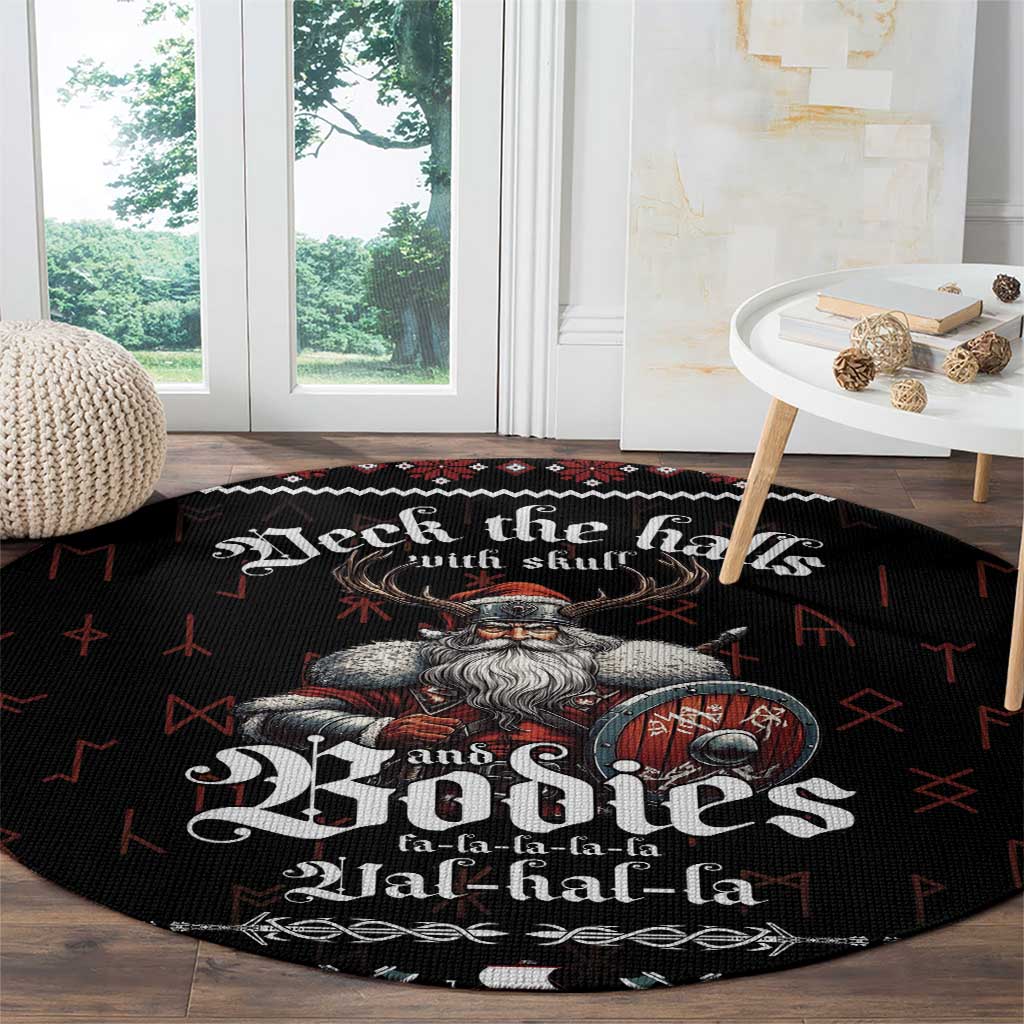Black round Viking Christmas rug featuring Odin with axe and shield and red symbols