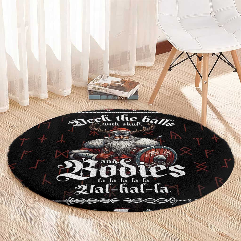 Black round Viking Christmas rug on light wood floor with Odin and festive text