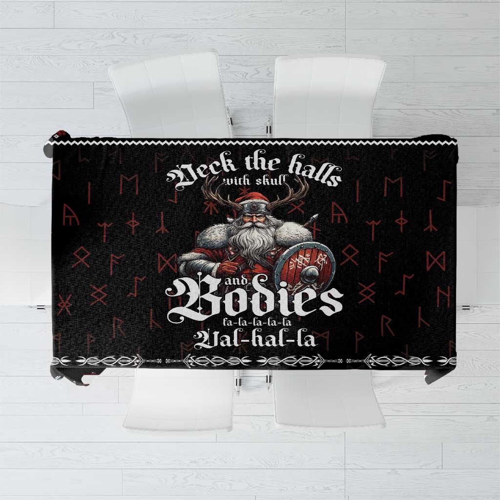 Black holiday tablecloth with Viking and Norse-style decorative graphics
