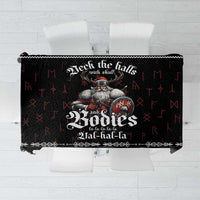 Black holiday tablecloth with Viking and Norse-style decorative graphics