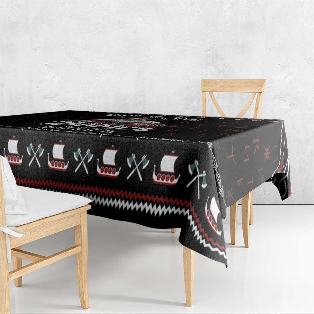 Black tablecloth with red Nordic design and white striped border, corner drape