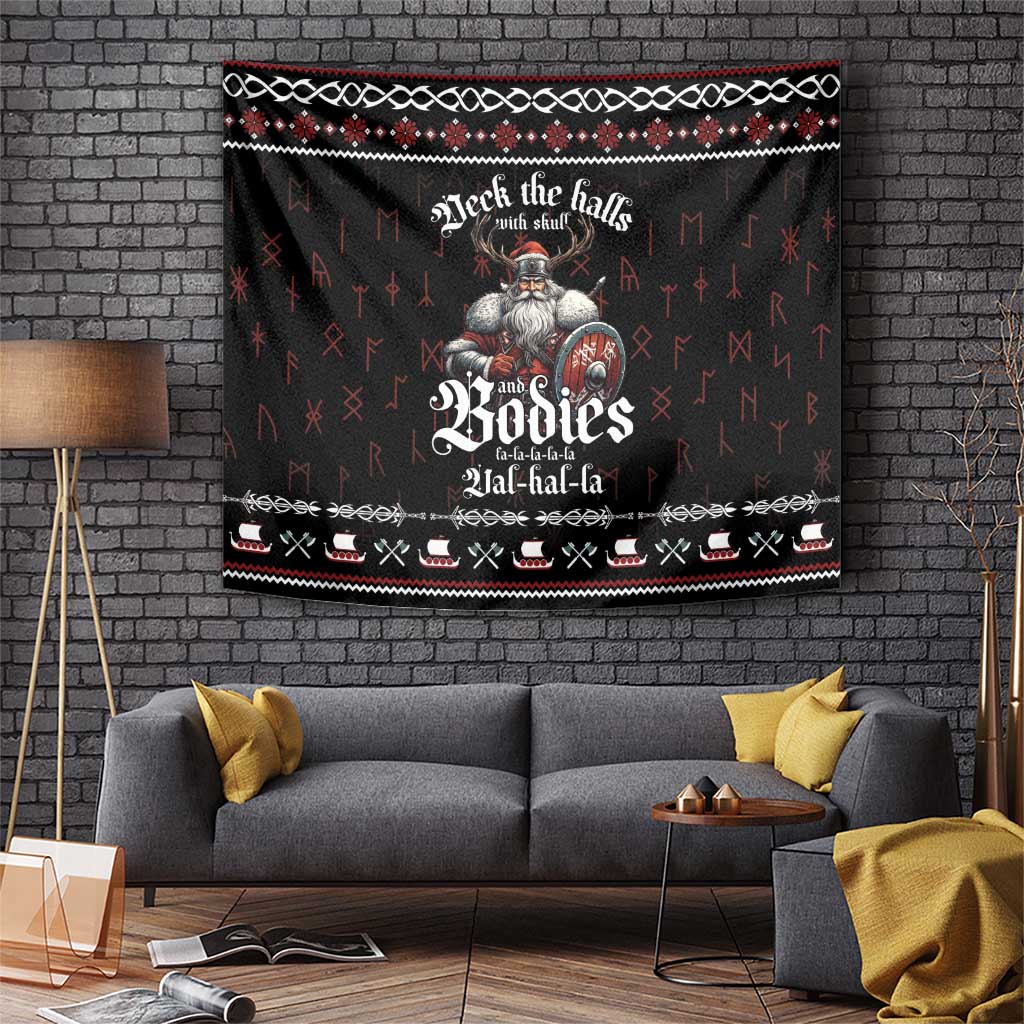 Black Christmas tapestry with Viking skull design, border trim, and festive text