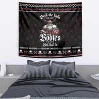 Black square wall tapestry featuring a Viking skull character and holiday pattern
