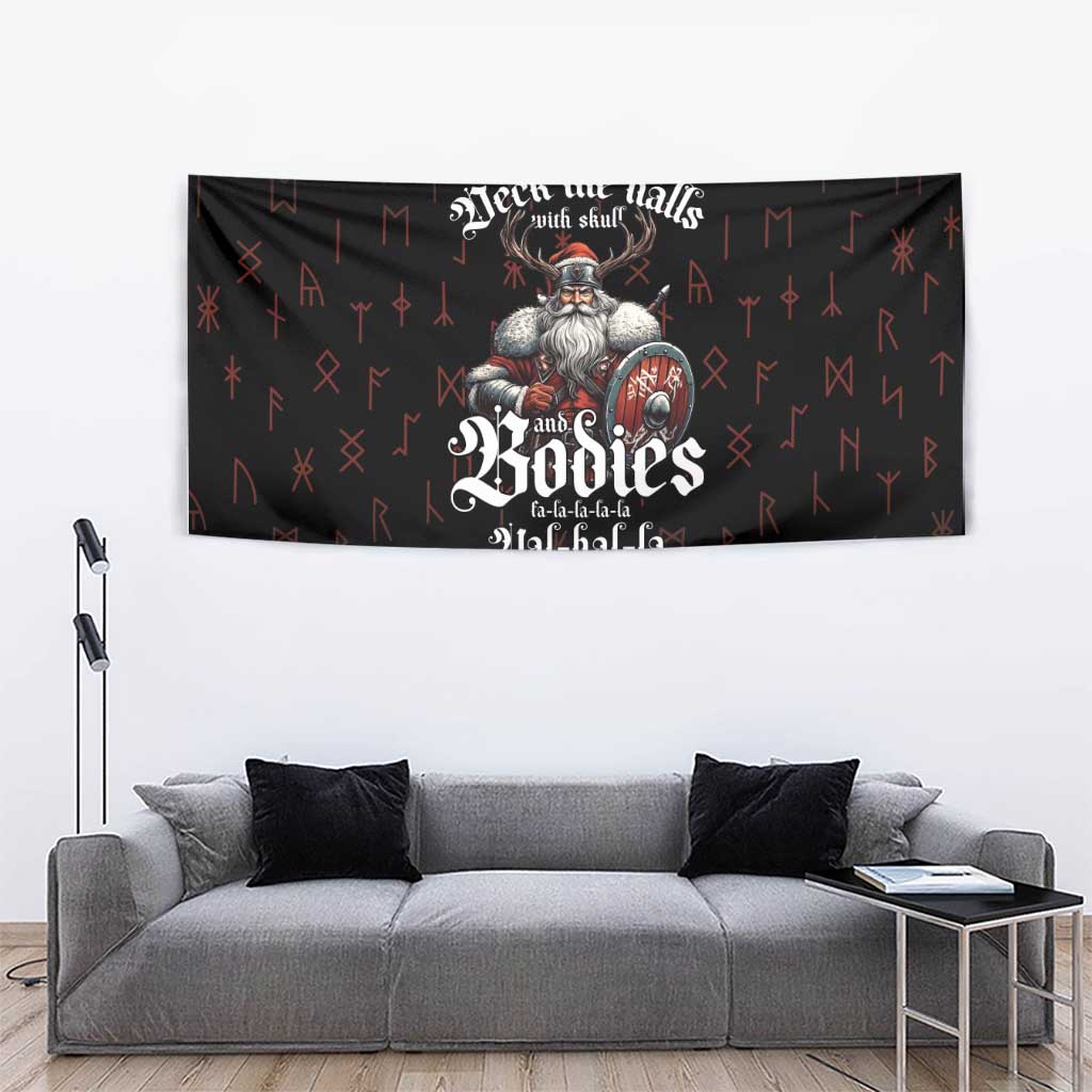 Black Viking skull Christmas tapestry with bold centered lettering and patterned accents