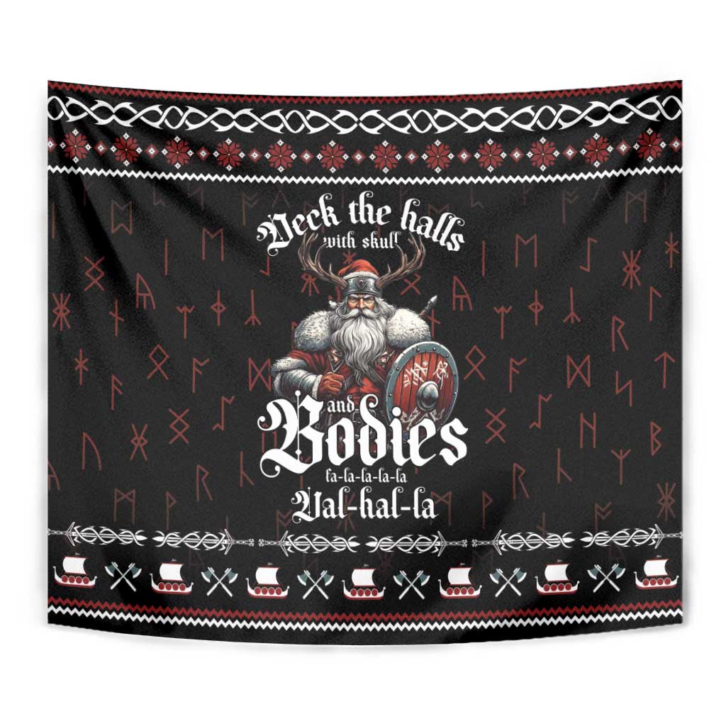 Black full-view Christmas tapestry showing Viking skull character and patterned border