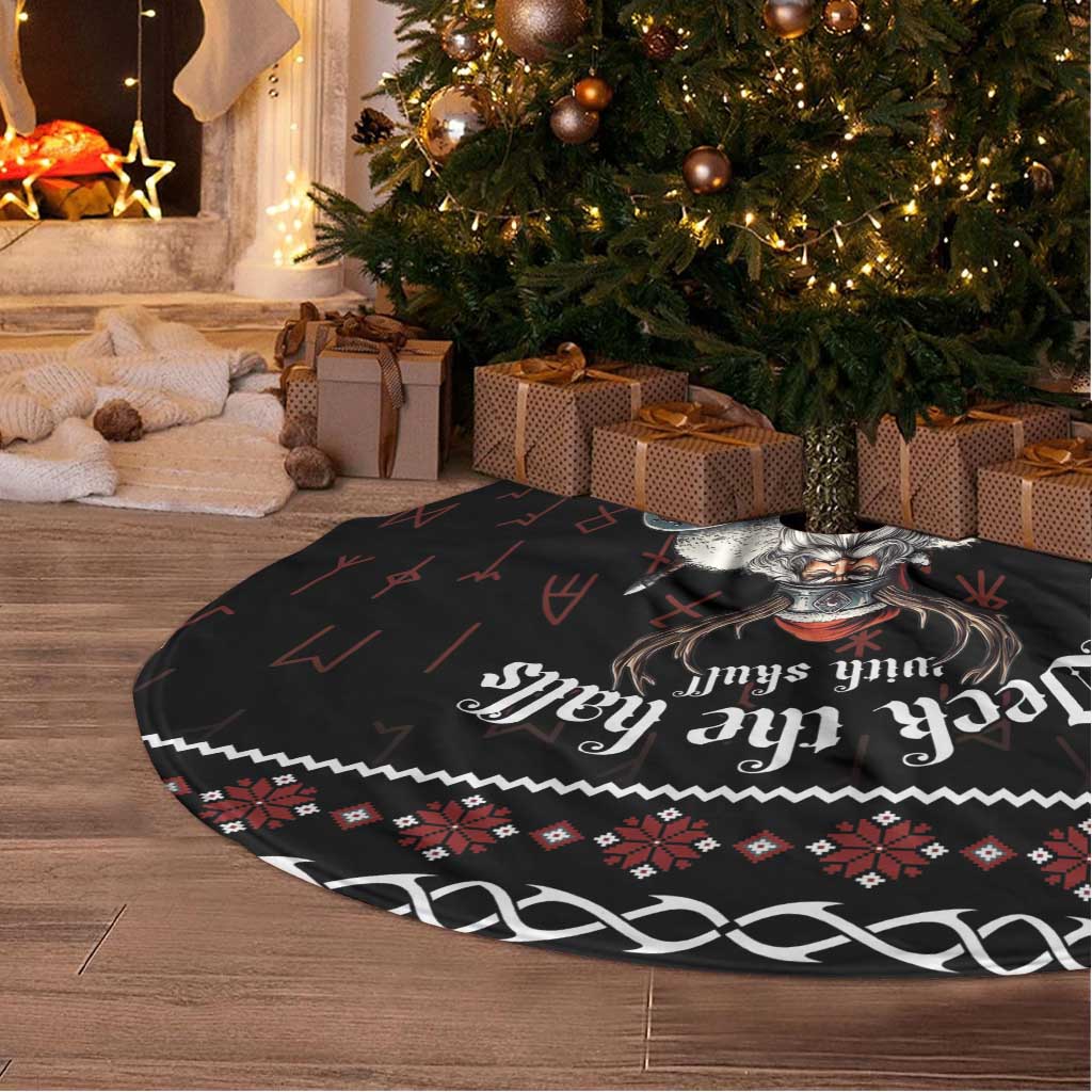 Black round tree skirt with Viking print, red accents, and white fringe edge