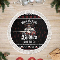 Black round Christmas tree skirt with Viking illustration and white tassel border